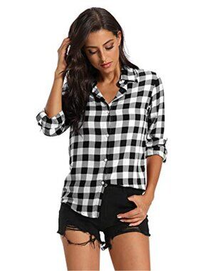 Women's Plaid Button Down Shirt Lightweight Cotton Blend Long Sleeve Blouse
